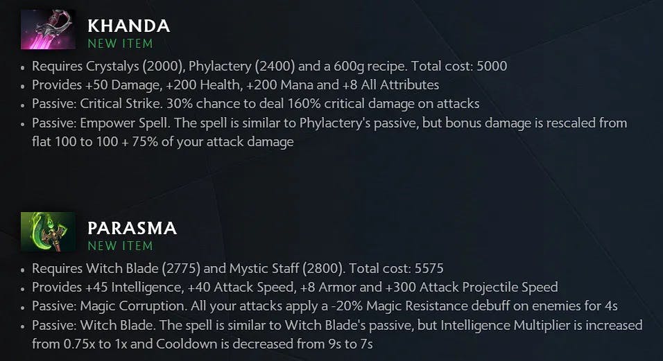 Khanda and Parasma are introduced in Dota 2 patch 7.35