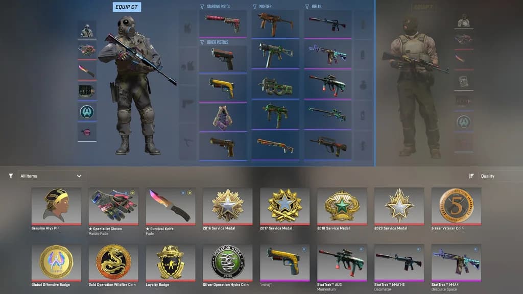 CS2 armory. Players can swap and equip weapons and owned skins for both CT and T side.