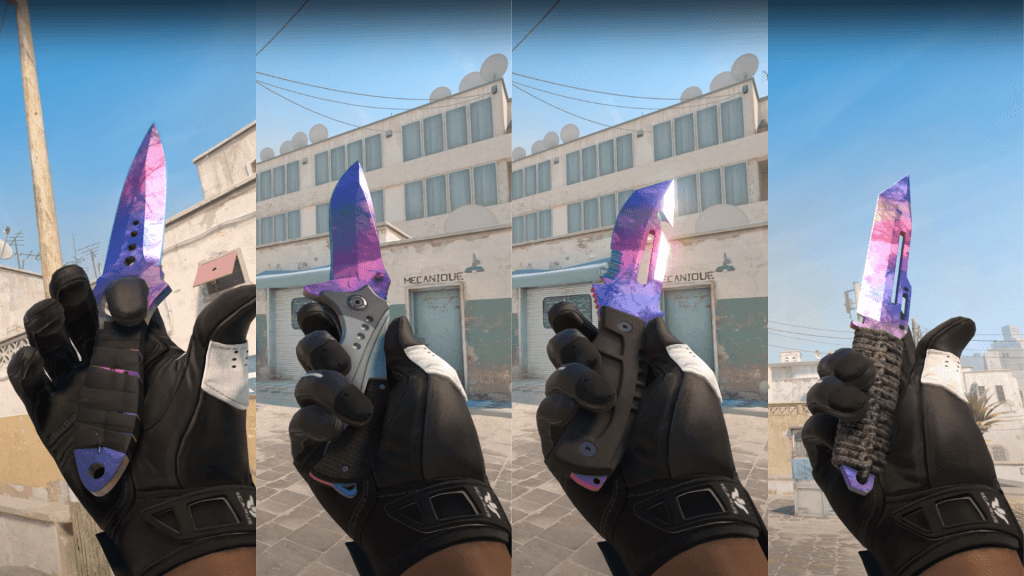 From left to right, the Skeleton, Nomad, Survival and Paracord knives in Doppler (Phase 1) finishes. Concept by @GemsriGregory