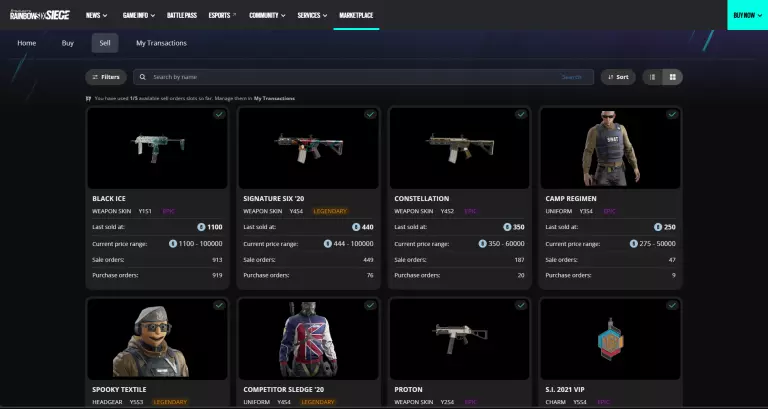 Rainbow Six Siege Marketplace Sell Page