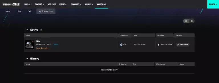 Rainbow Six Siege Marketplace transactions page