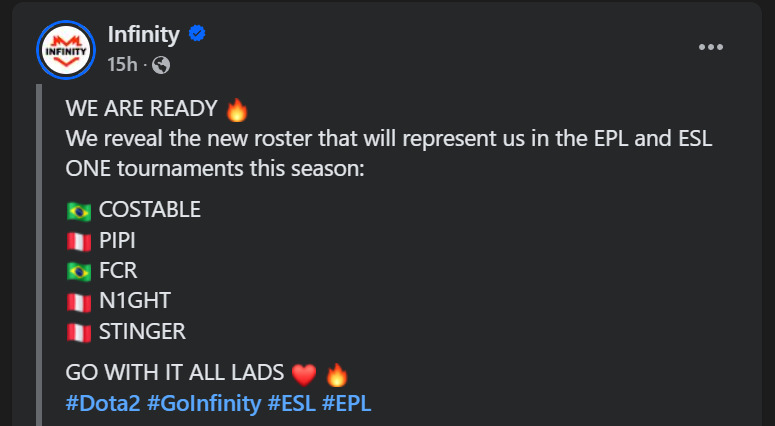 Novo elenco da Infinity para as regionais do ESL One Bangkok.